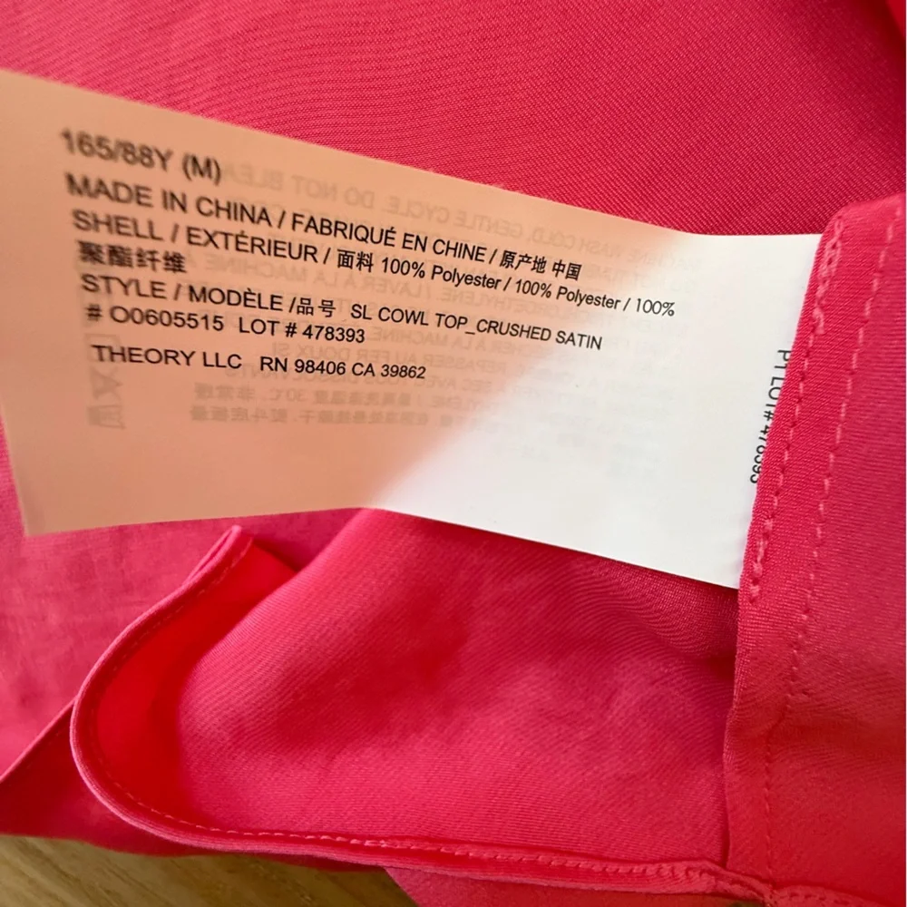 NWT Theory Sleeveless Draped Satin Cowlneck Pink Azalea Shell Size Medium - Picture 7 of 9